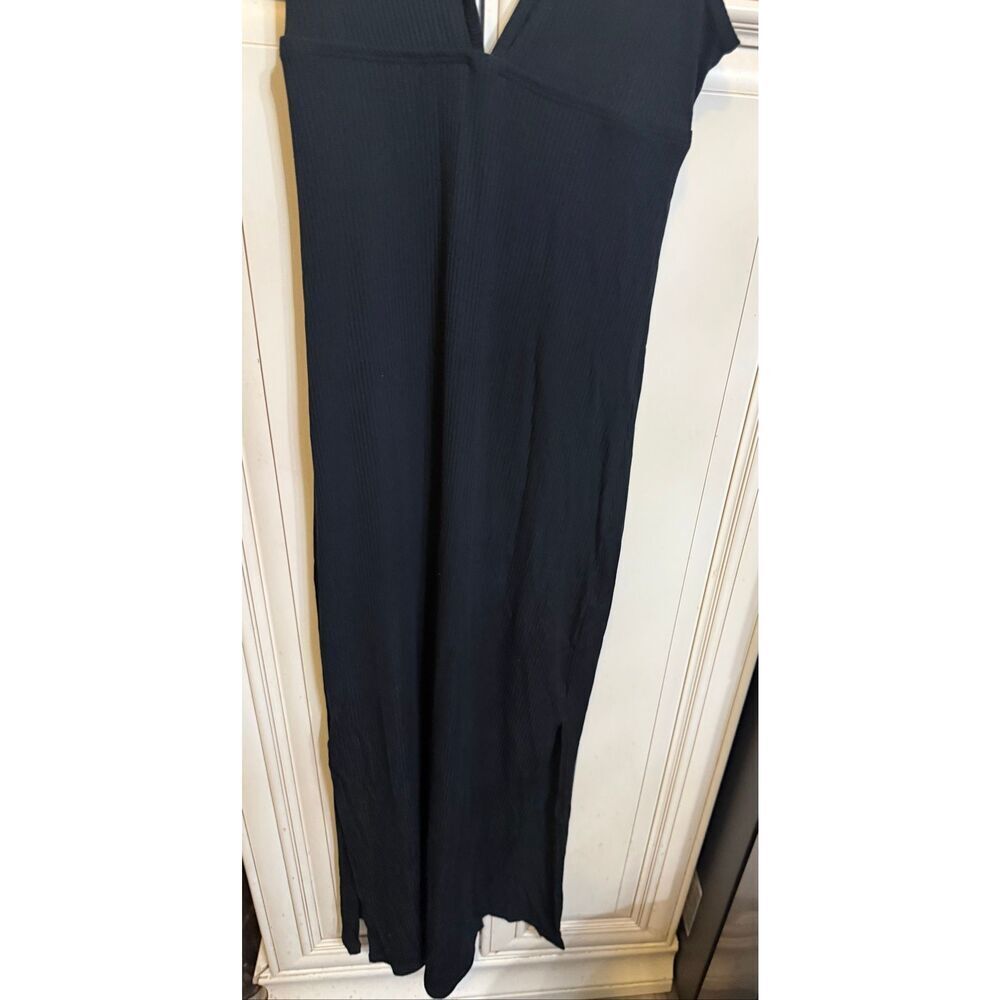 Bromelia Swimwear Women's Paraty Ribbed Plunge V-Neck Maxi Dress Black Sz Small